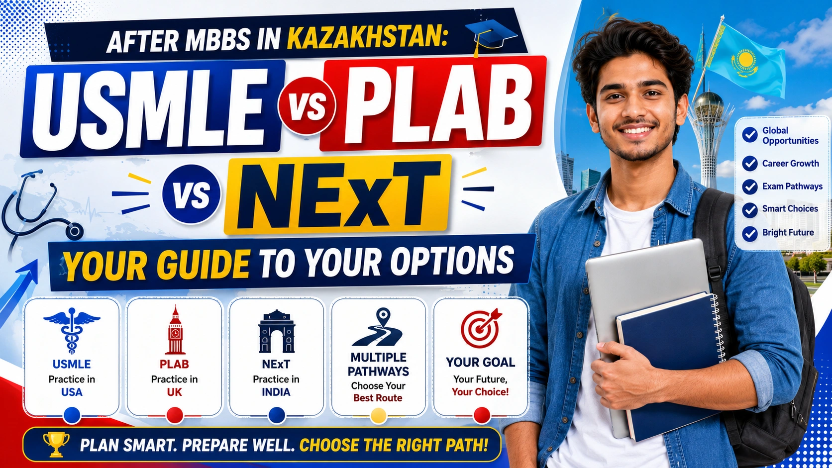USMLE vs PLAB vs NExT After MBBS in Kazakhstan: Your Guide to Your Options