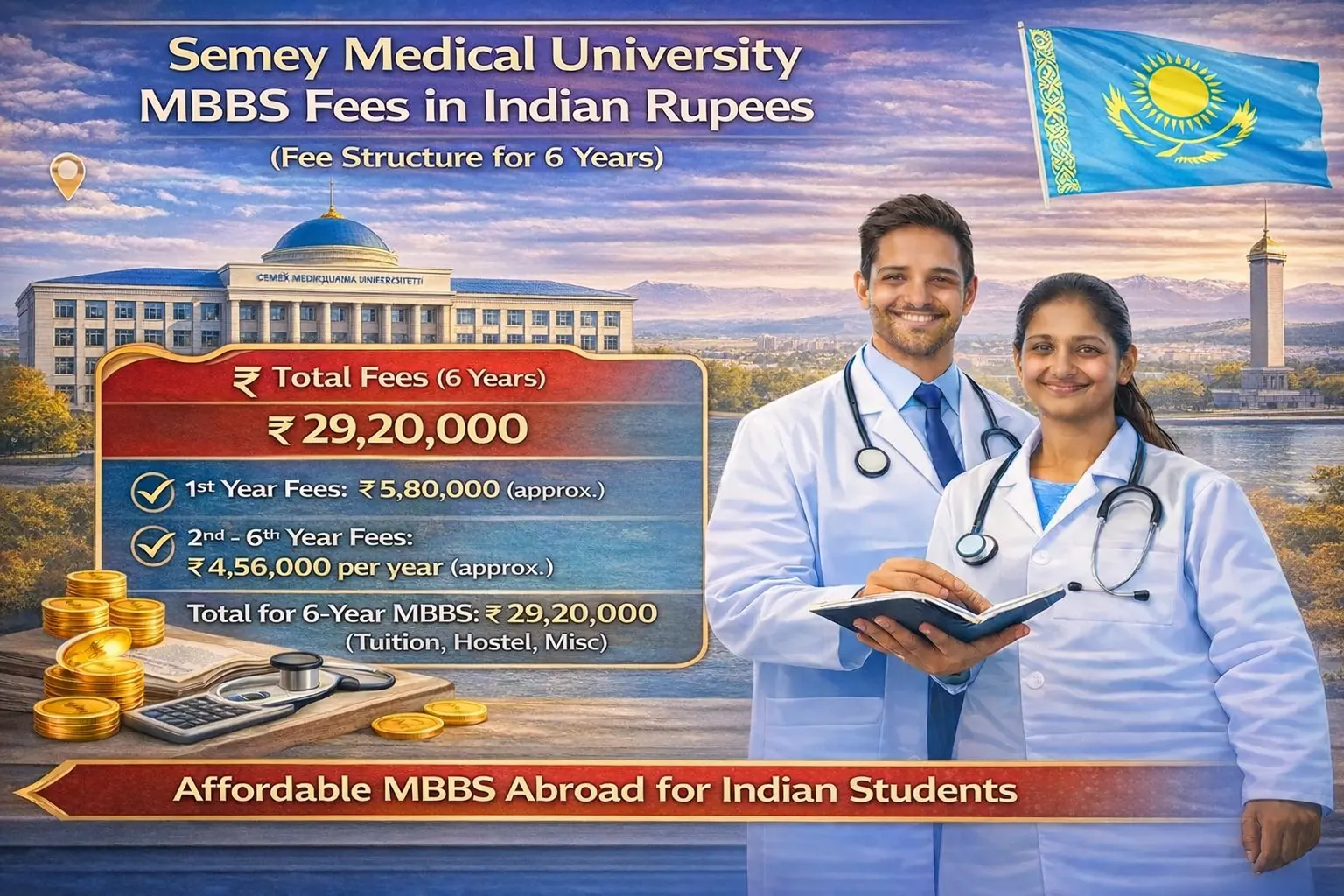 MBBS in Pavlodar State Medical University Fees listing Tuition Fees = Rs. 12 Lac/Year* per year