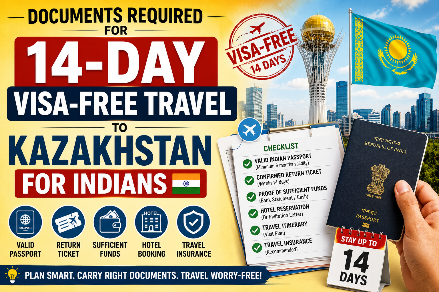 Documents Required for 14-Day Visa-Free Travel to Kazakhstan for Indians