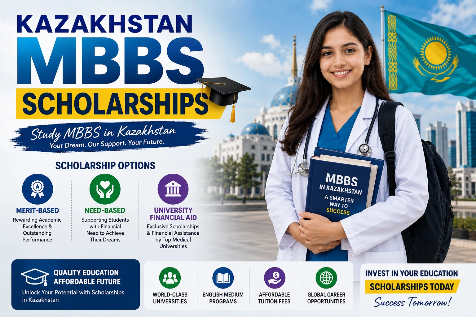 Kazakhstan MBBS Scholarships 2026: Merit-Based, Need-Based & University Financial Aid